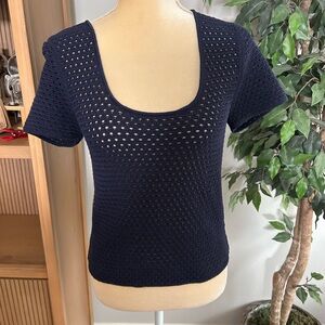 Vince Women's Textured Scoop Neck Sweater Navy Blue Crochet Knit Top Sz M